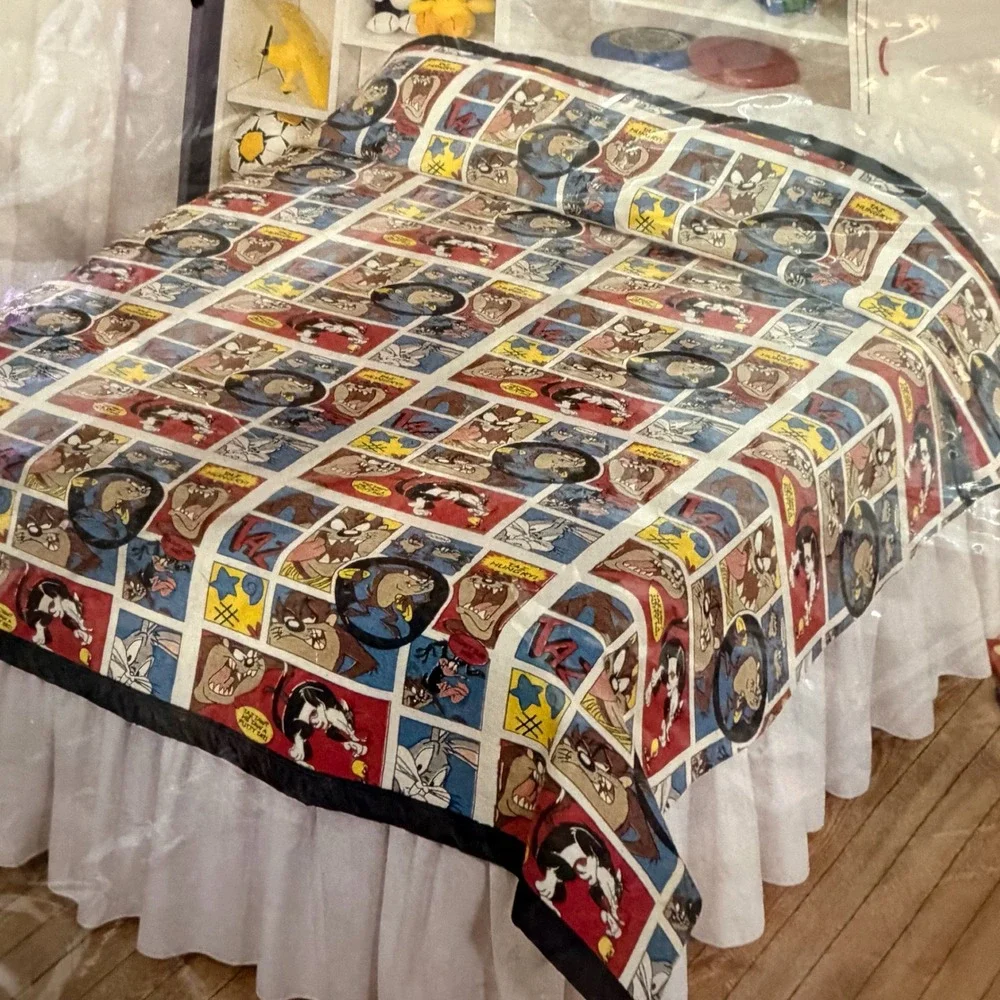 Vintage 1996 Looney Tunes Taz Comic Strip Blanket Owen Twin Full 72x90 USA Made